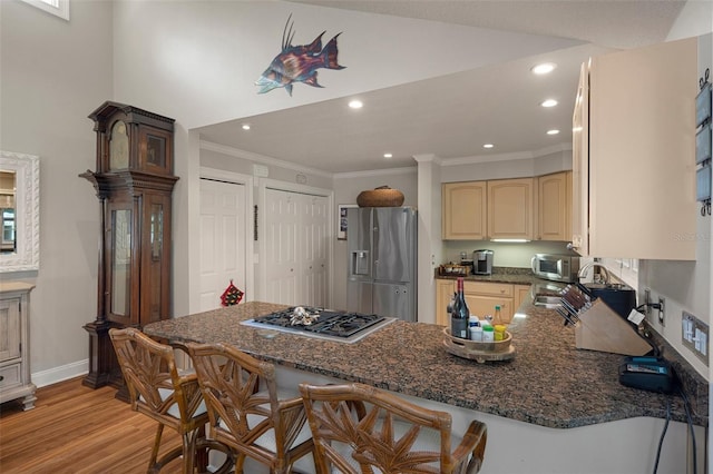 536 NW 7th Ave, Crystal River, FL 34428 - kitchen featuring ornamental molding, a peninsula, light brown cabinets, light wood-style flooring, and stainless steel appliances