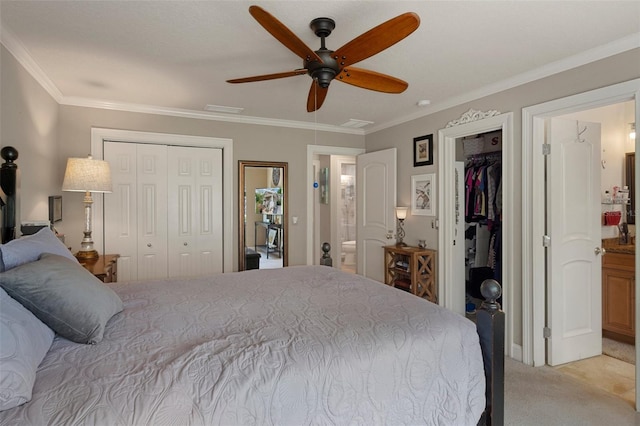 536 NW 7th Ave, Crystal River, FL 34428 - bedroom with ornamental molding, light carpet, a ceiling fan, and visible vents