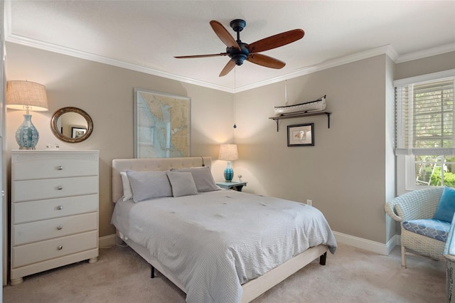 536 NW 7th Ave, Crystal River, FL 34428 - bedroom featuring a ceiling fan, baseboards, light carpet, and ornamental molding