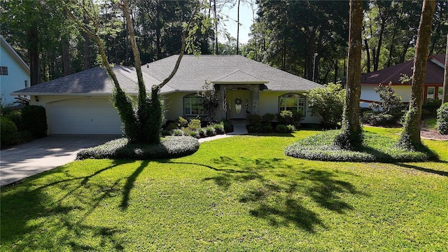ranch-style home featuring a garage, stucco siding, driveway, and a front yard