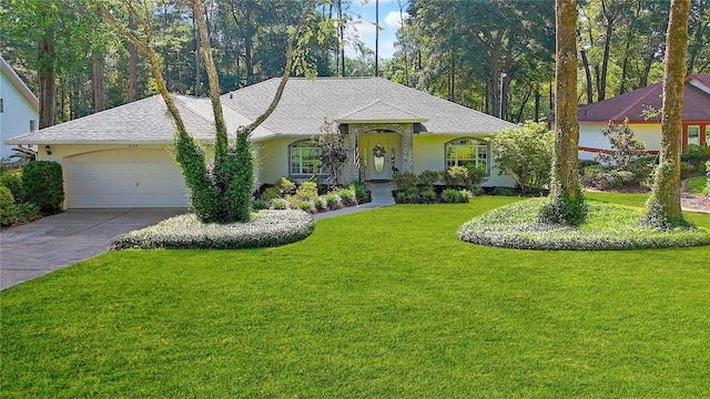 9129 SW 193rd Cir, Dunnellon, FL 34432 - ranch-style house featuring an attached garage, driveway, a front yard, and stucco siding
