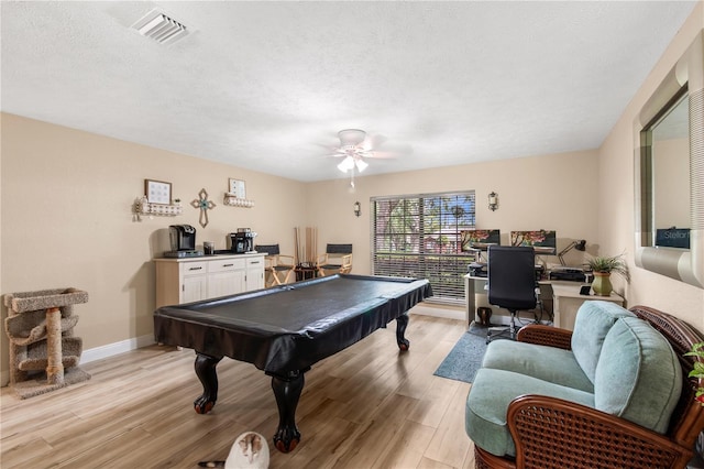 recreation room featuring a ceiling fan, pool table, visible vents, and light wood finished floors