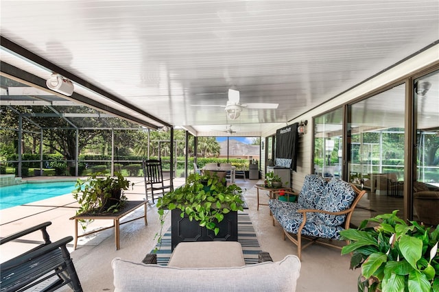 view of patio featuring glass enclosure, an outdoor living space, and an outdoor pool