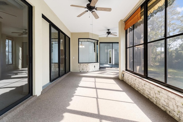 unfurnished sunroom with a ceiling fan, carpet, and a wealth of natural light