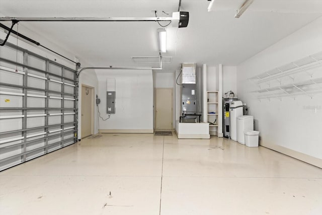 garage with heating unit, water heater, and electric panel