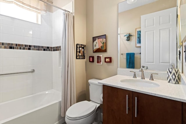 full bath featuring vanity, shower / bath combo, and toilet