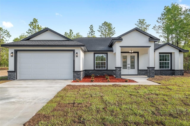 view of front of property featuring stucco siding, french doors, and stone siding