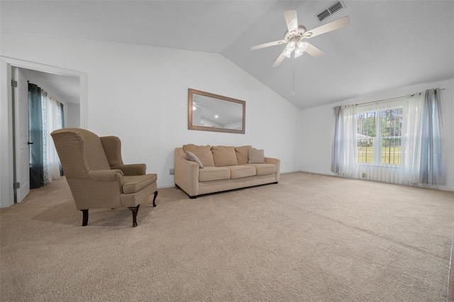 carpeted living area featuring ceiling fan, lofted ceiling, and visible vents