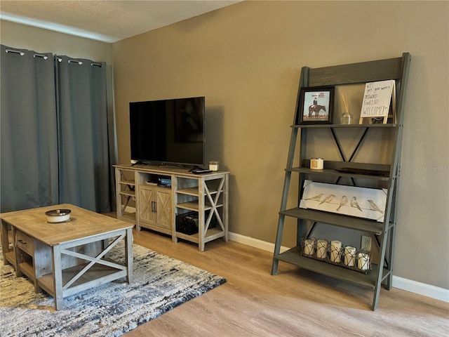 living room featuring baseboards, a textured ceiling, and wood finished floors