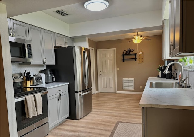 kitchen featuring stainless steel appliances, visible vents, a sink, and light wood-style floors