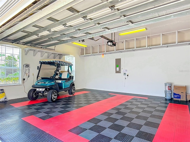 garage featuring a garage door opener and electric panel