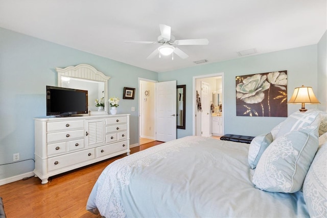 12147 SE 173rd Pl, Summerfield, FL 34491 - bedroom with ceiling fan, visible vents, wood finished floors, baseboards, and ensuite bathroom