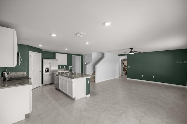 kitchen featuring ceiling fan, a sink, stainless steel appliances, white cabinetry, and visible vents
