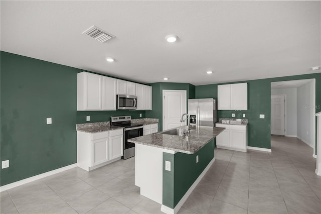 kitchen featuring visible vents, a sink, appliances with stainless steel finishes, and white cabinets