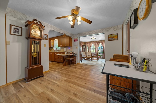 23737 NW Mallard Ave, Dunnellon, FL 34431 - interior space with a ceiling fan, light wood-style floors, a textured ceiling, and arched walkways