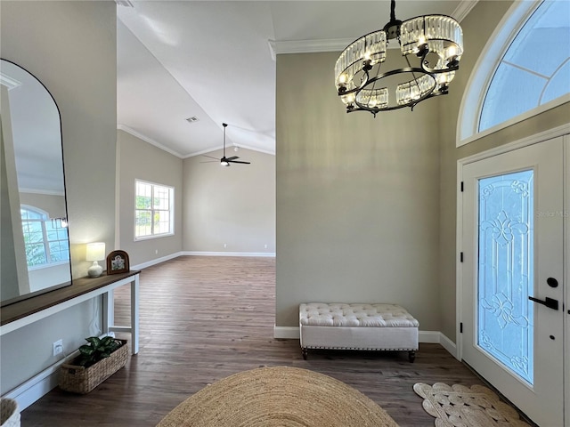 13430 NE 30th Ct, Anthony, FL 32617 - entrance foyer featuring crown molding, wood finished floors, baseboards, a chandelier, and ceiling fan