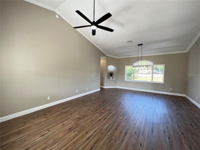 13430 NE 30th Ct, Anthony, FL 32617 - unfurnished room with vaulted ceiling, dark wood-type flooring, baseboards, a ceiling fan, and a chandelier