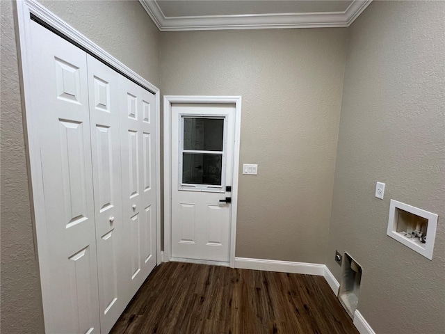 13430 NE 30th Ct, Anthony, FL 32617 - washroom with ornamental molding, hookup for a washing machine, dark wood finished floors, electric dryer hookup, and baseboards