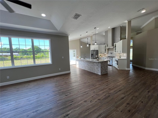 13430 NE 30th Ct, Anthony, FL 32617 - kitchen featuring stainless steel appliances, vaulted ceiling, wall chimney range hood, white cabinets, and open floor plan