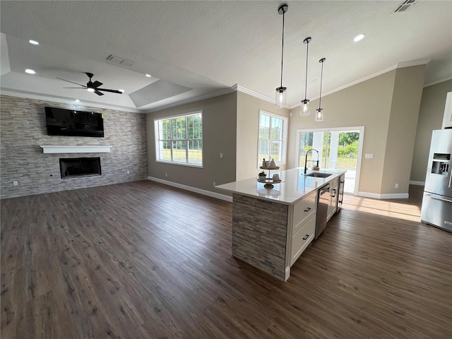 13430 NE 30th Ct, Anthony, FL 32617 - kitchen with a sink, ornamental molding, stainless steel appliances, baseboards, and ceiling fan