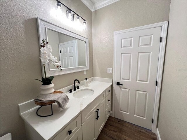 13430 NE 30th Ct, Anthony, FL 32617 - bathroom with a textured wall, wood finished floors, crown molding, and vanity