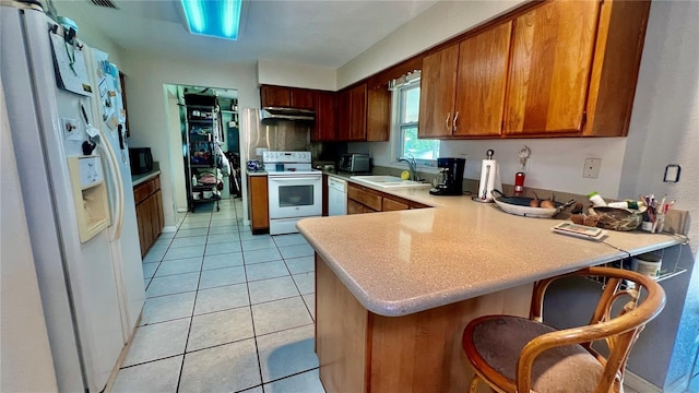 16850 SE 19th Ct, Summerfield, FL 34491 - kitchen with white appliances, a sink, a peninsula, light countertops, and under cabinet range hood