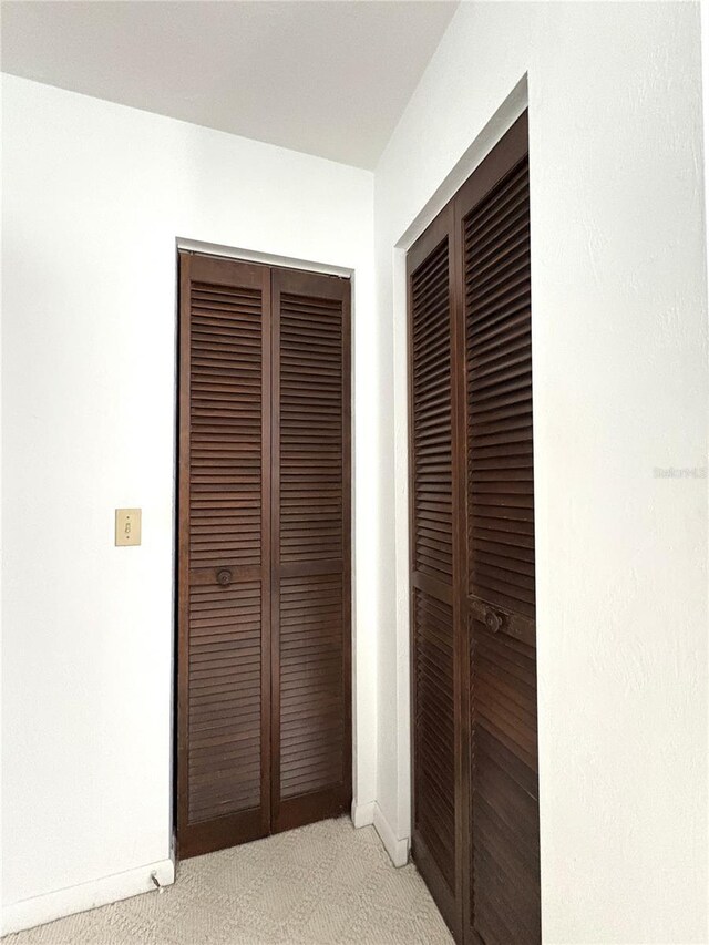 interior space featuring baseboards and light carpet