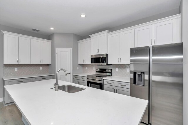 kitchen with a kitchen island with sink, stainless steel appliances, a sink, and tasteful backsplash