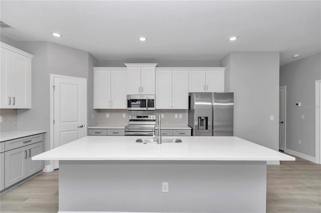 kitchen featuring backsplash, stainless steel appliances, a sink, and light wood finished floors