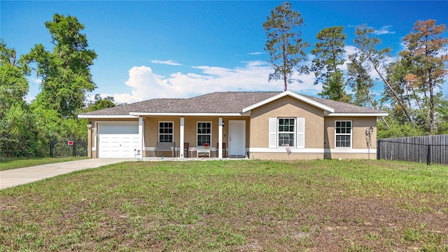 ranch-style home with a garage, a porch, stucco siding, and driveway