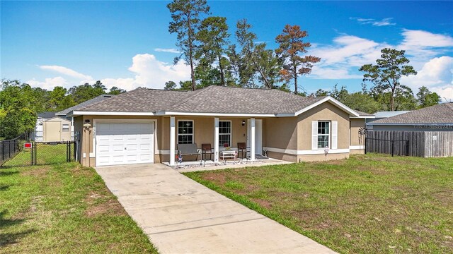 ranch-style home featuring a garage, stucco siding, a porch, concrete driveway, and roof with shingles