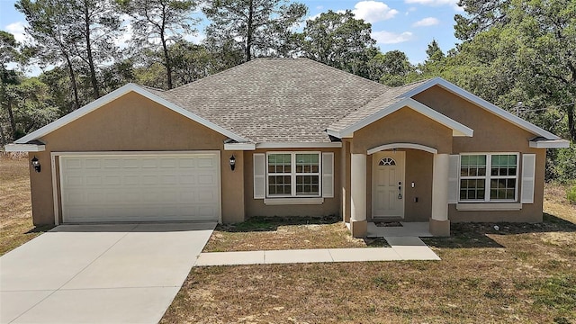 single story home with a front yard, roof with shingles, a garage, concrete driveway, and stucco siding