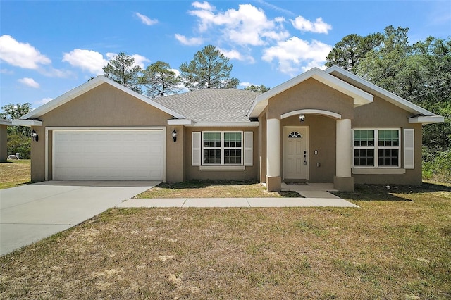 single story home featuring a front yard, roof with shingles, stucco siding, an attached garage, and driveway