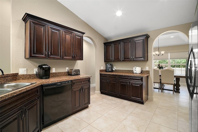kitchen featuring dark brown cabinetry, black dishwasher, arched walkways, light tile patterned floors, and vaulted ceiling