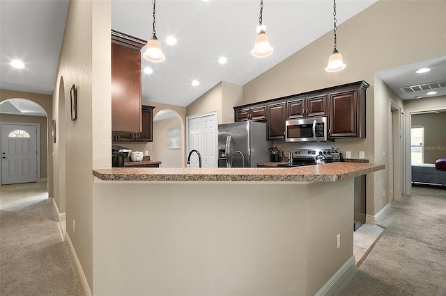 kitchen with light colored carpet, appliances with stainless steel finishes, arched walkways, dark brown cabinets, and baseboards