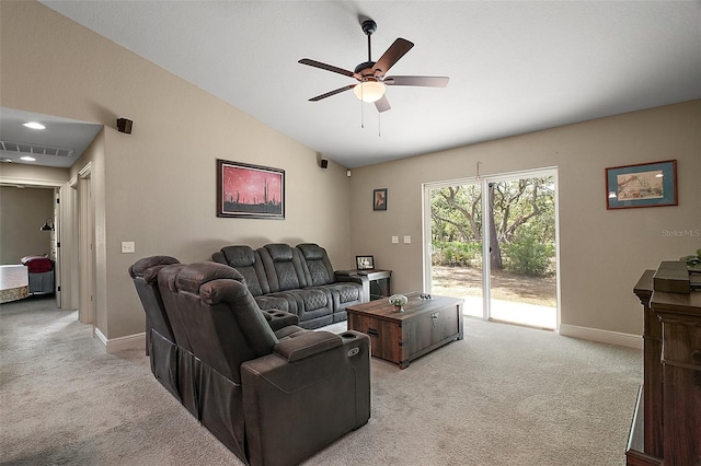 living room with visible vents, lofted ceiling, light carpet, baseboards, and ceiling fan