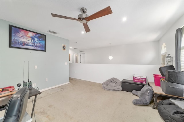 rec room with light carpet, a ceiling fan, baseboards, recessed lighting, and visible vents