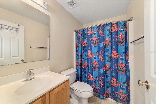 bathroom featuring vanity, toilet, tile patterned floors, curtained shower, and visible vents
