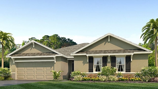 view of front of house featuring an attached garage, stucco siding, a front lawn, and aphalt driveway