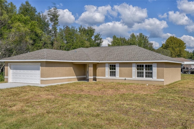 ranch-style house with an attached garage, driveway, a front lawn, and stucco siding