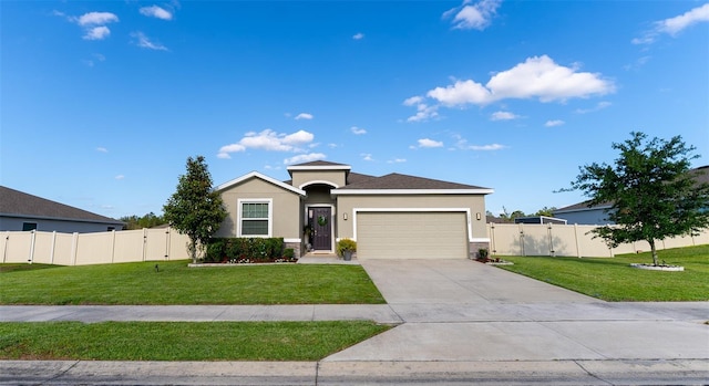 view of front of property with a front yard, a garage, fence, concrete driveway, and stucco siding