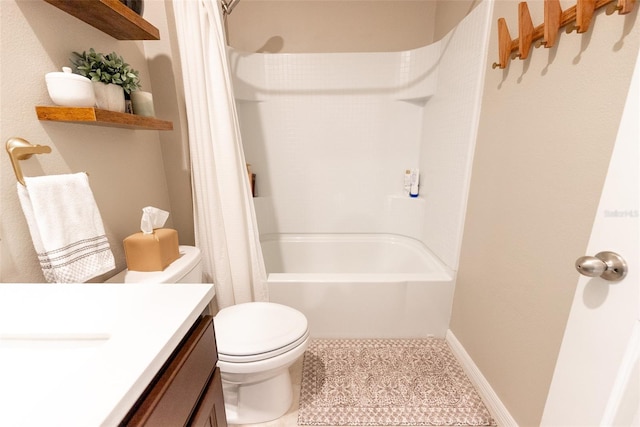 full bathroom featuring vanity, shower / bath combination with curtain, and toilet