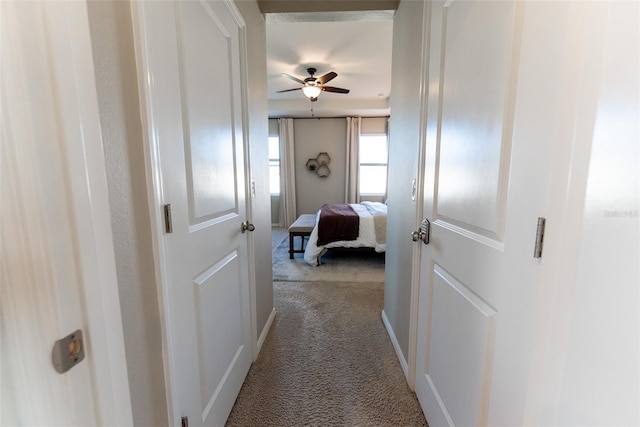hall featuring carpet floors and baseboards