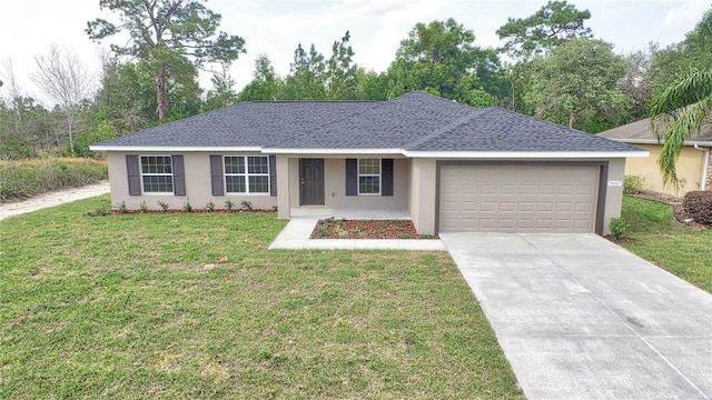 ranch-style home featuring driveway, a front lawn, an attached garage, a shingled roof, and stucco siding