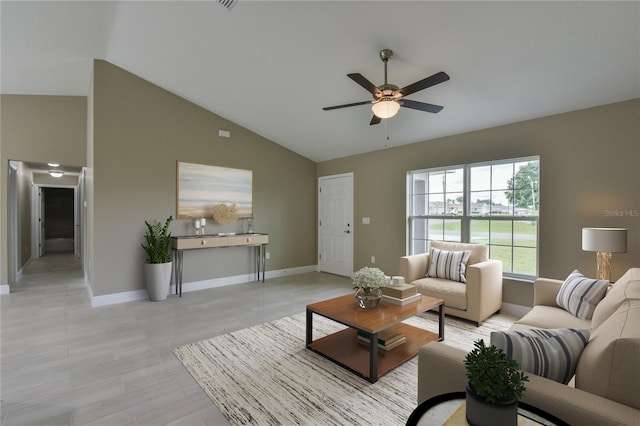 living area featuring baseboards, a ceiling fan, and high vaulted ceiling