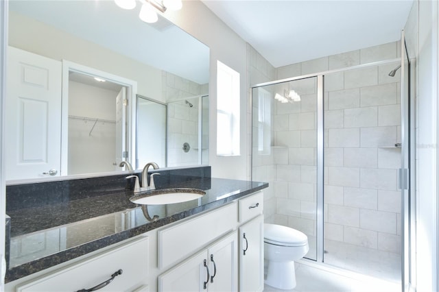 bathroom with vanity, toilet, and a stall shower