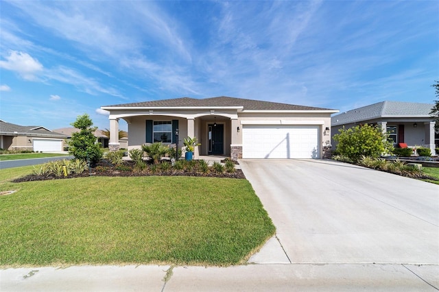 7706 SW 89th Ct, Ocala, FL 34481 - ranch-style house featuring driveway, an attached garage, stucco siding, stone siding, and a front lawn