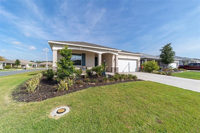 7706 SW 89th Ct, Ocala, FL 34481 - ranch-style home with a front yard, stucco siding, a garage, and driveway