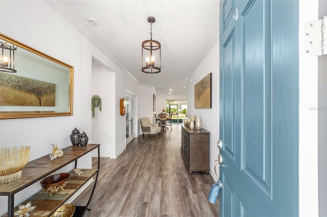 7706 SW 89th Ct, Ocala, FL 34481 - foyer entrance featuring an inviting chandelier, ornamental molding, baseboards, and dark wood-style floors