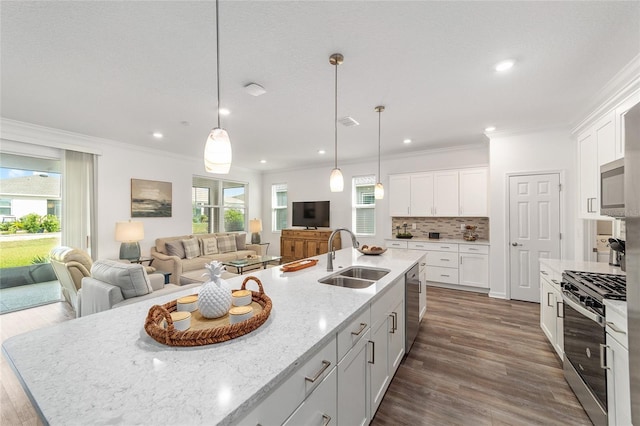 7706 SW 89th Ct, Ocala, FL 34481 - kitchen featuring a sink, stainless steel appliances, open floor plan, a wealth of natural light, and ornamental molding